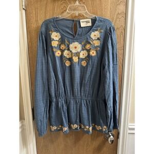 Savanna Jane Blue Floral Embroidered Peplum Slim Fit Blouse Boho Western 2X